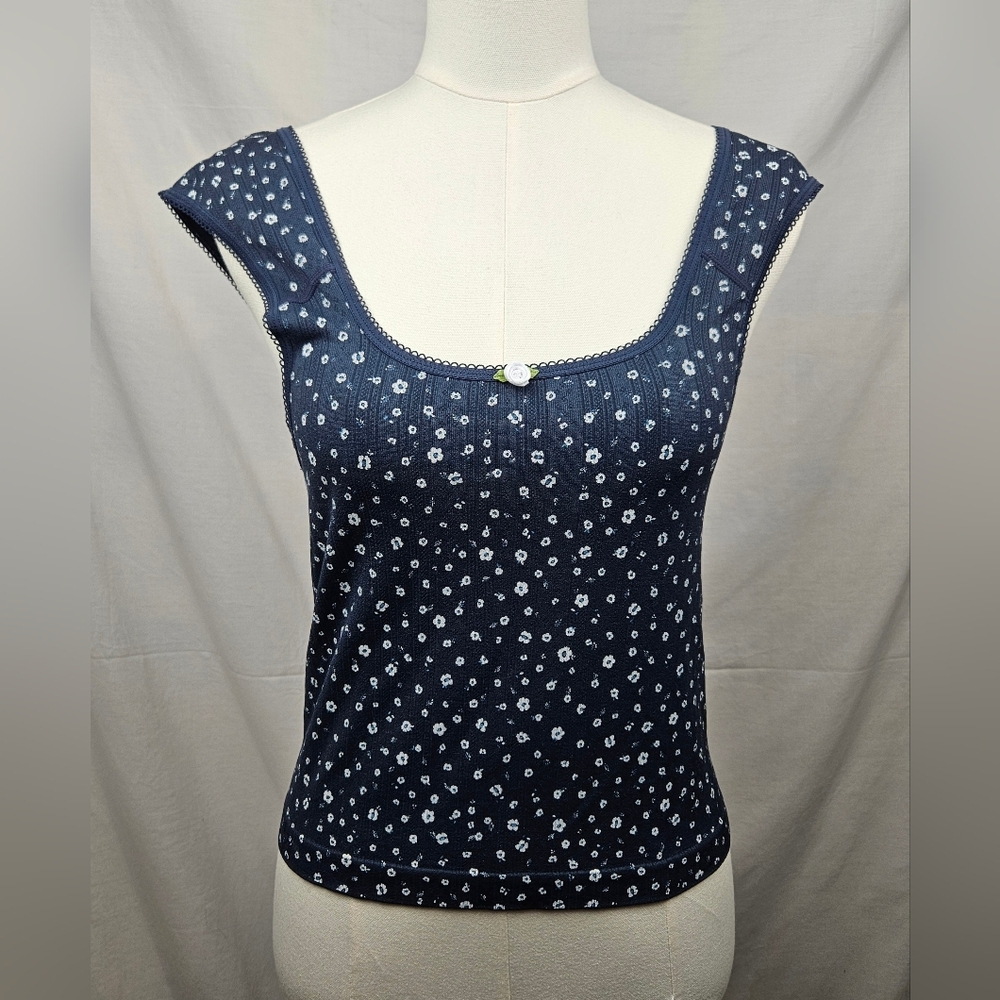 Pink Rose Blue‎ Floral Rose Detail  Cropped Cami Wide Straps Lg Fairy Coquette